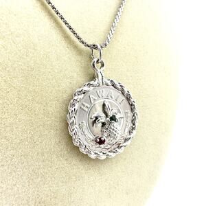 17.5” Vintage Crea Hawaii Pineapple Pink Green Glass Gem Medallion Necklace